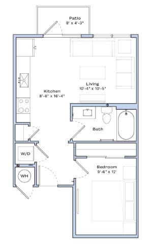 Floor plan for 1 bed, 1 bath, 532 sqft